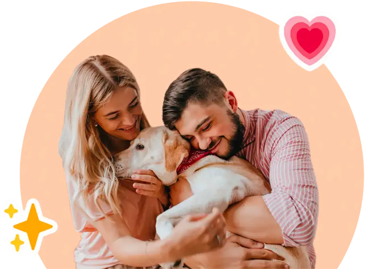 Happy couple cuddling with their dog