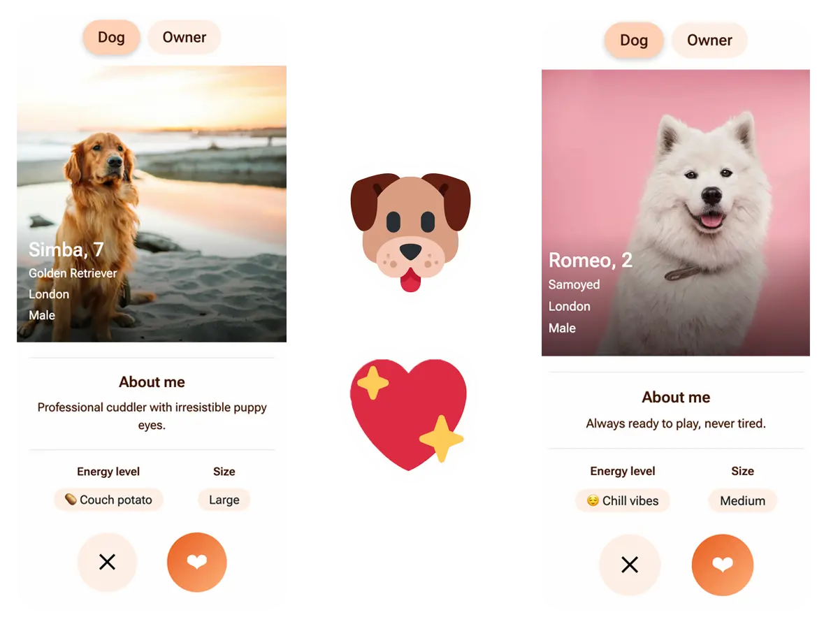 Dog profile cards showing a golden retriever and samoyed